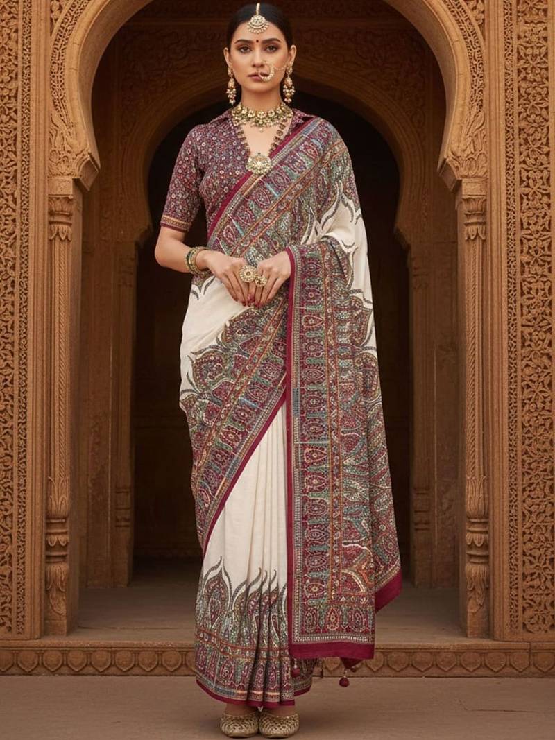 Off white ethnic motifs woven design banarasi saree with blouse piece