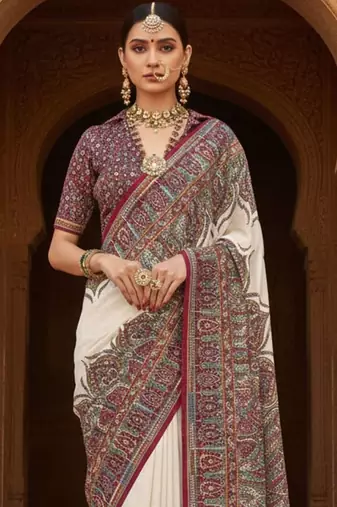 Off white ethnic motifs woven design banarasi saree with blouse piece