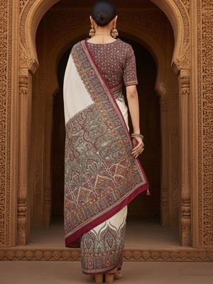 Off white ethnic motifs woven design banarasi saree with blouse piece 3