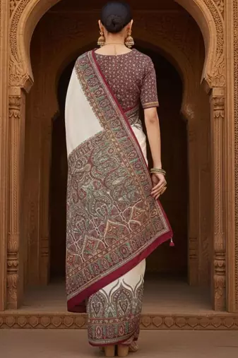Off white ethnic motifs woven design banarasi saree with blouse piece