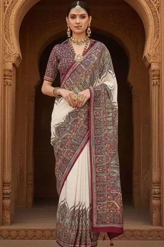 Off white ethnic motifs woven design banarasi saree with blouse piece