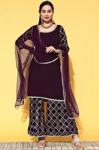 women geometric sequinned georgette straight kurta with sharara & dupatta