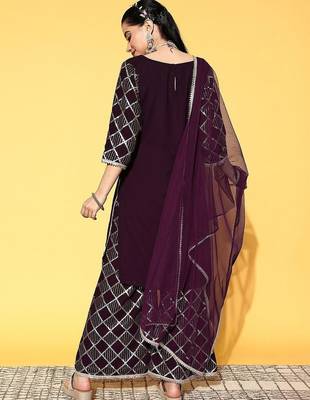 women geometric sequinned georgette straight kurta with sharara & dupatta 3