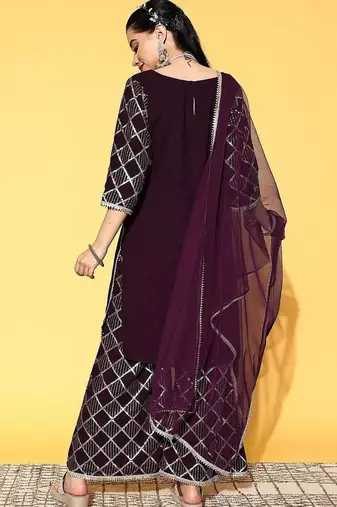 women geometric sequinned georgette straight kurta with sharara & dupatta