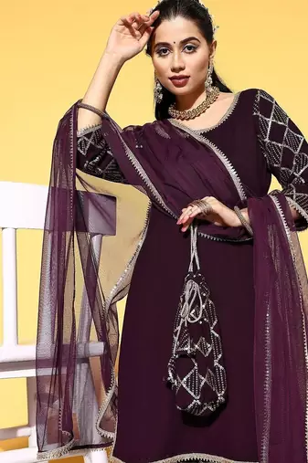women geometric sequinned georgette straight kurta with sharara & dupatta