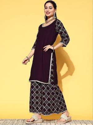women geometric sequinned georgette straight kurta with sharara & dupatta 5