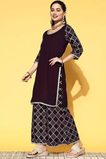women geometric sequinned georgette straight kurta with sharara & dupatta