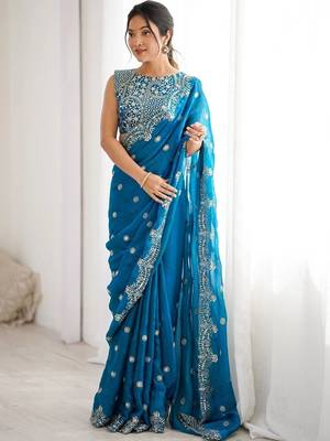 Teal embellished zari silk blend designer saree 1