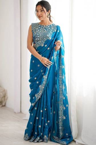 Teal embellished zari silk blend designer saree
