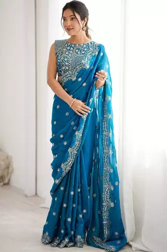 Teal embellished zari silk blend designer saree