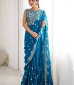 Teal embellished zari silk blend designer saree