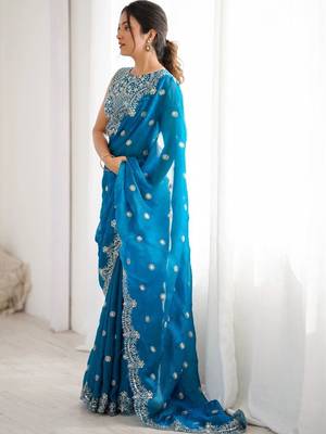 Teal embellished zari silk blend designer saree 2