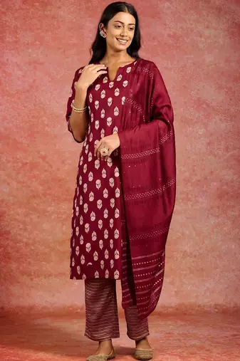 women ethnic motifs printed regular kurta with trousers & with dupatta