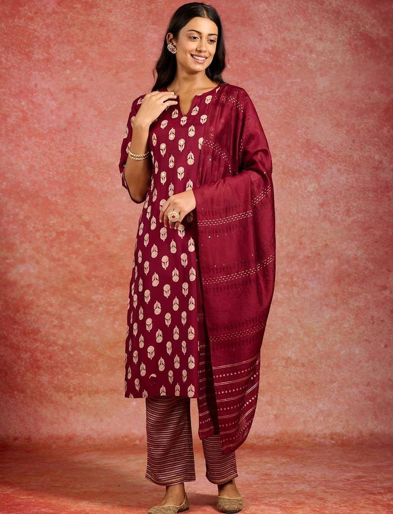 women ethnic motifs printed regular kurta with trousers & with dupatta