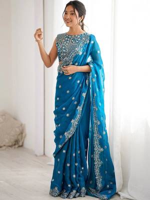 Teal embellished zari silk blend designer saree 3