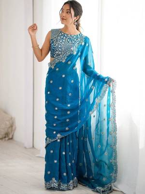 Teal embellished zari silk blend designer saree 4