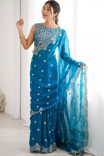 Teal embellished zari silk blend designer saree