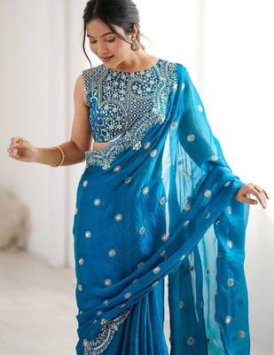 Teal embellished zari silk blend designer saree 5