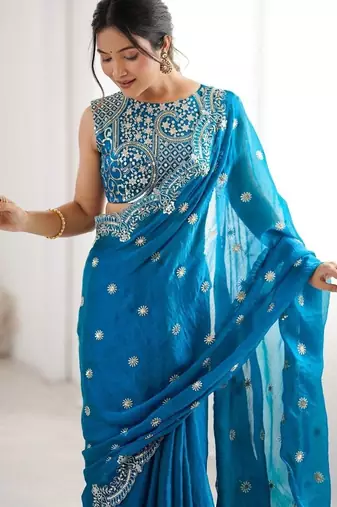 Teal embellished zari silk blend designer saree