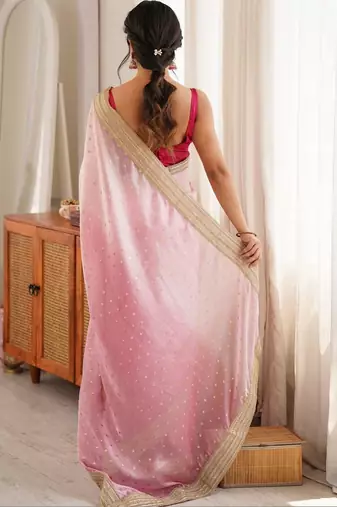 Pink women floral embroidered silk blend designer saree