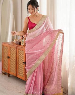 Pink women floral embroidered silk blend designer saree 3