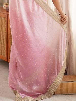 Pink women floral embroidered silk blend designer saree 5