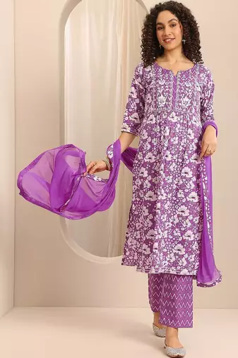women floral printed empire thread work kurta with trousers & with dupatta