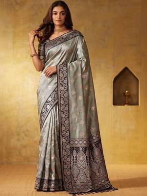 Grey woven design zari silk blend designer saree 1