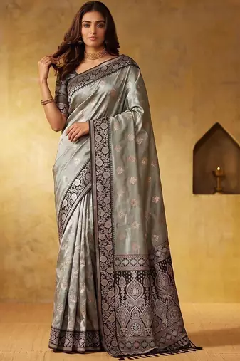 Grey woven design zari silk blend designer saree