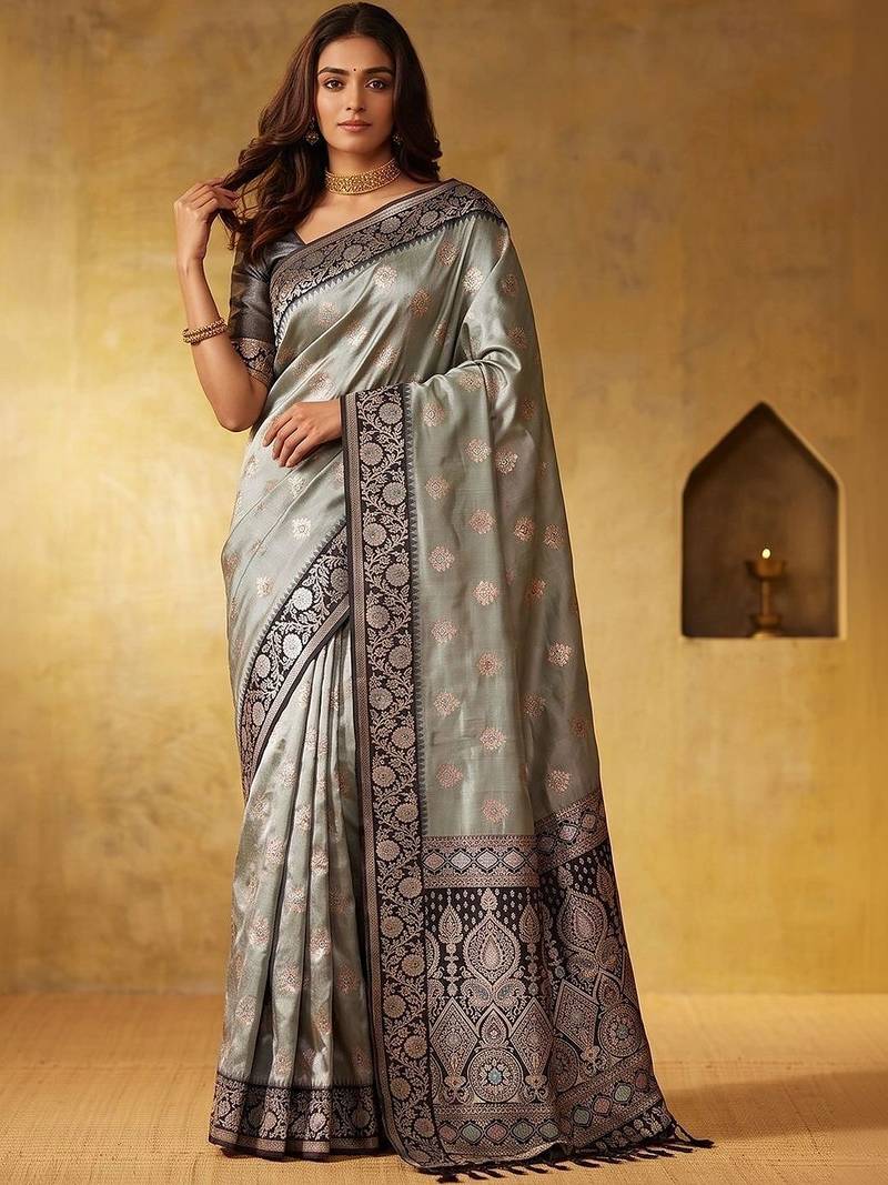 Grey woven design zari silk blend designer saree