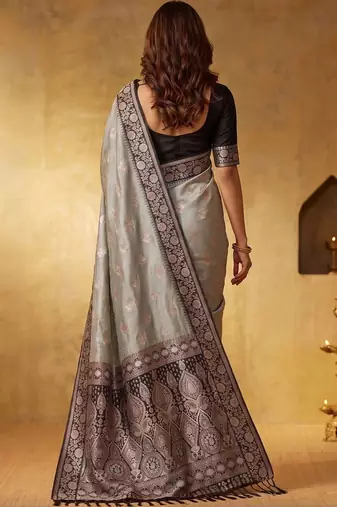 Grey woven design zari silk blend designer saree