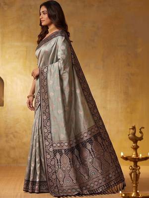 Grey woven design zari silk blend designer saree 3