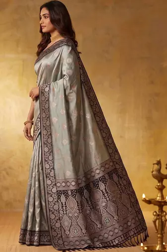 Grey woven design zari silk blend designer saree