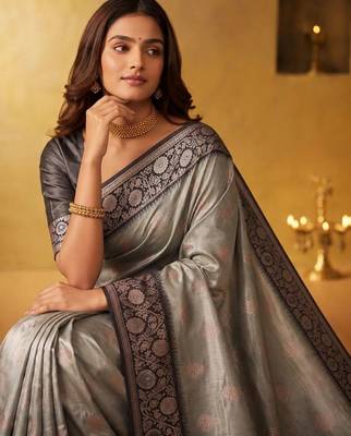 Grey woven design zari silk blend designer saree 4