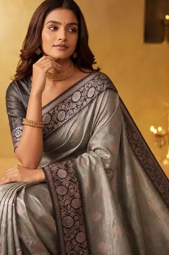 Grey woven design zari silk blend designer saree