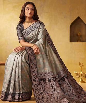 Grey woven design zari silk blend designer saree 5
