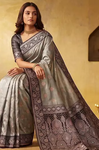 Grey woven design zari silk blend designer saree