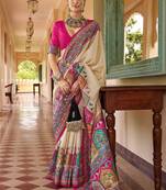 Cream ethnic motifs silk blend designer saree