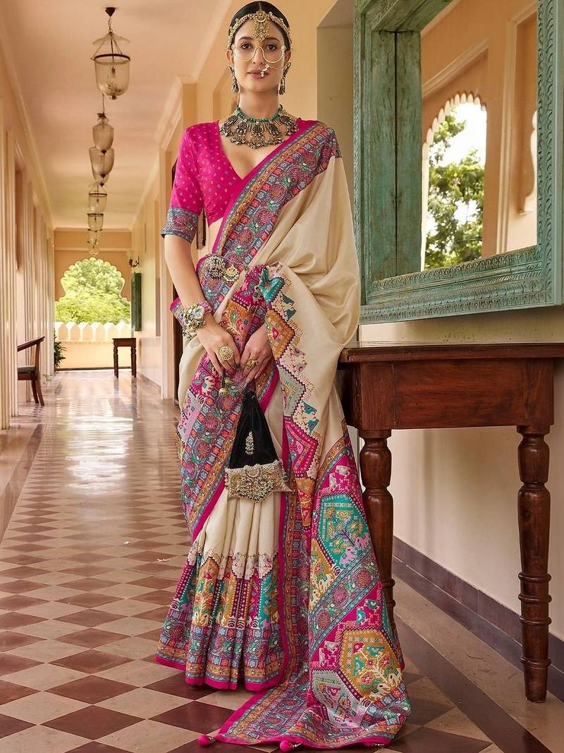 Cream ethnic motifs silk blend designer saree