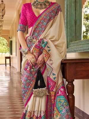 Cream ethnic motifs silk blend designer saree 3