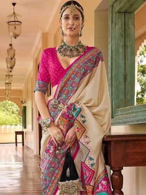 Cream ethnic motifs silk blend designer saree 4