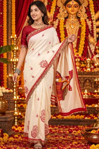 Off white women ethnic motifs embroidered designer garad saree