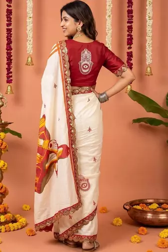 Off white women ethnic motifs embroidered designer garad saree