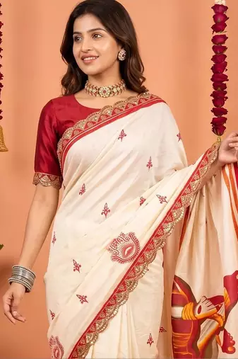 Off white women ethnic motifs embroidered designer garad saree