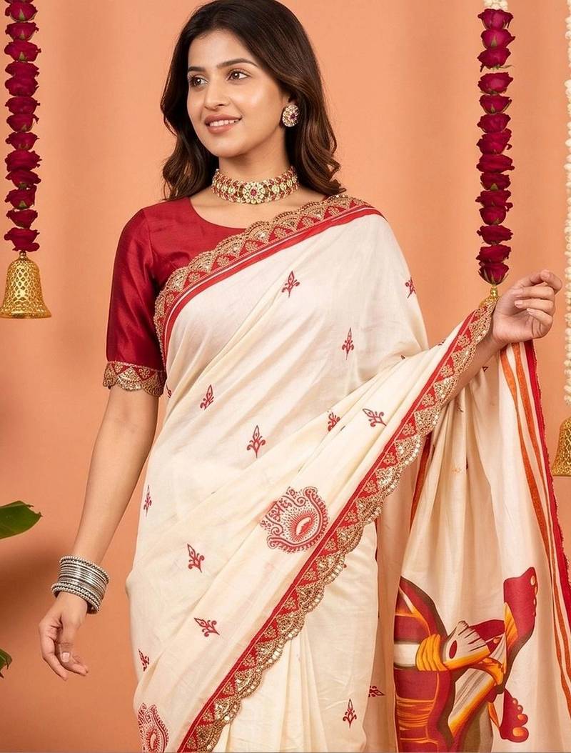 Off white women ethnic motifs embroidered designer garad saree