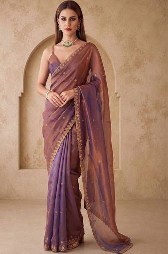 Purple embellished embroidered silk blend designer saree