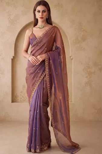 Purple embellished embroidered silk blend designer saree