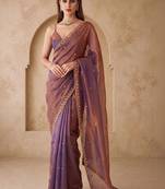 Purple embellished embroidered silk blend designer saree
