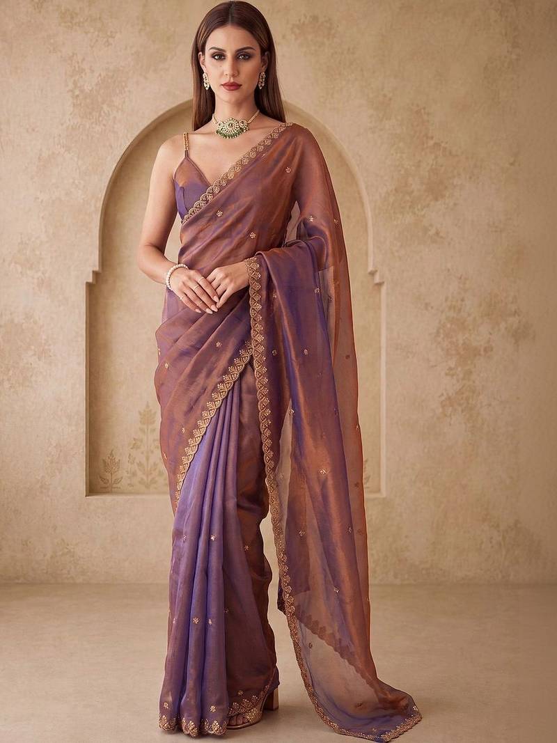 Purple embellished embroidered silk blend designer saree