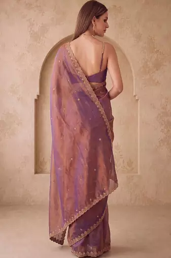 Purple embellished embroidered silk blend designer saree